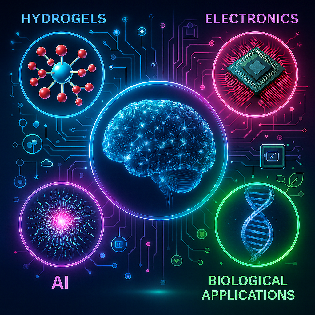 Hydrogels, electronics, AI, and biological applications illustration